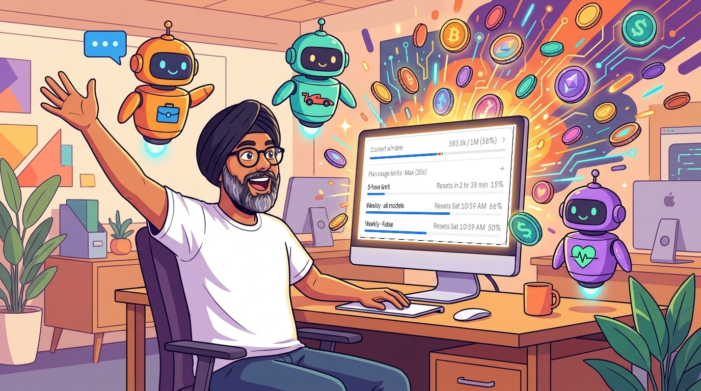 A person at a desk throwing their arms up in delight as a colorful explosion of tokens and coins bursts from their computer screen, surrounded by three friendly robot-assistant icons for interview practice, game development, and health tracking, with a usage gauge pegged into the red in the background