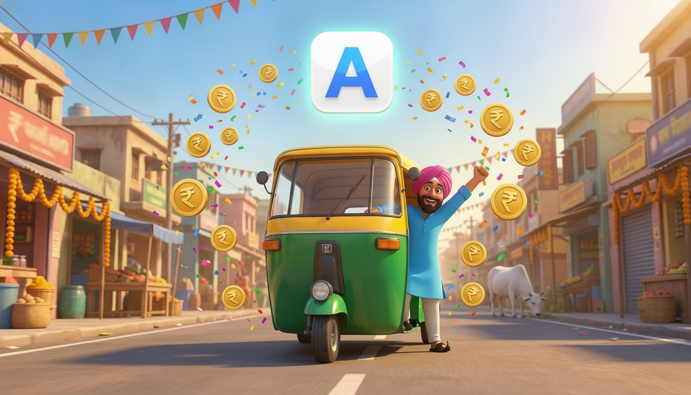 Chal Rickshaw's turbaned Sikh driver celebrating with his phone raised in front of an App Store badge, his green-and-yellow auto-rickshaw garlanded with marigolds on a festive Delhi street