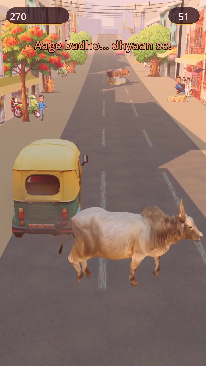 3D cows lounging on and crossing the street in Chal Rickshaw