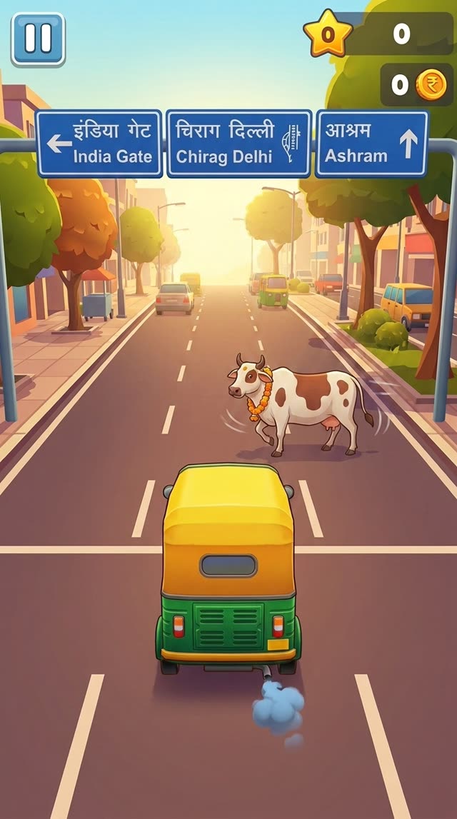 Concept art of a holy cow (gau mata) wandering into the rickshaw's lane