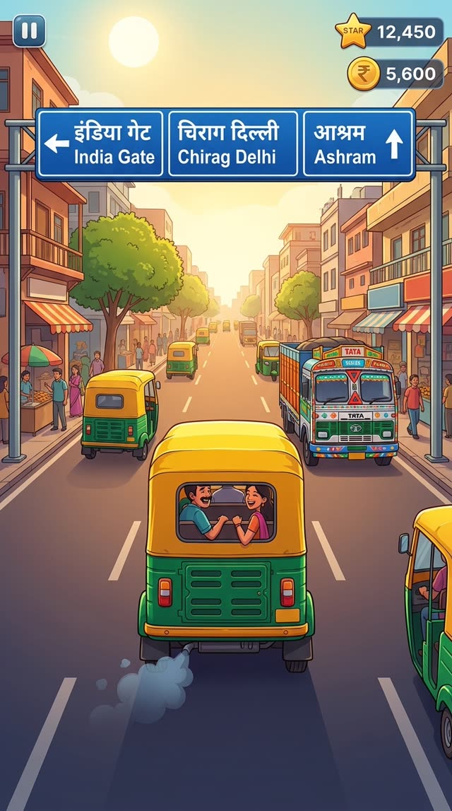 Concept art of Chal Rickshaw: a behind-the-rickshaw chase view down a busy Delhi street with shop signs and an overhead route banner