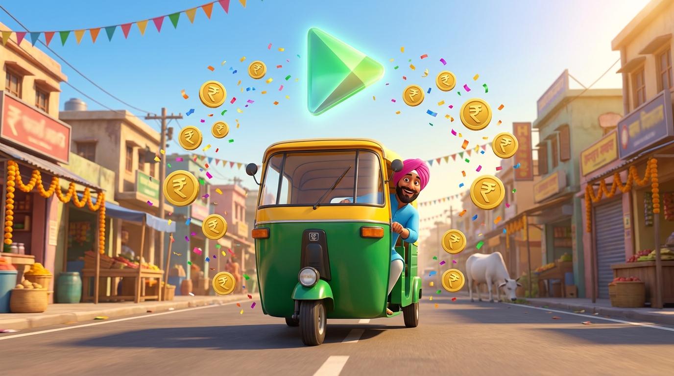 Chal Rickshaw's turbaned Sikh rickshaw driver celebrating in front of a Google Play badge, with his green-and-yellow auto-rickshaw and a colorful Delhi street behind him