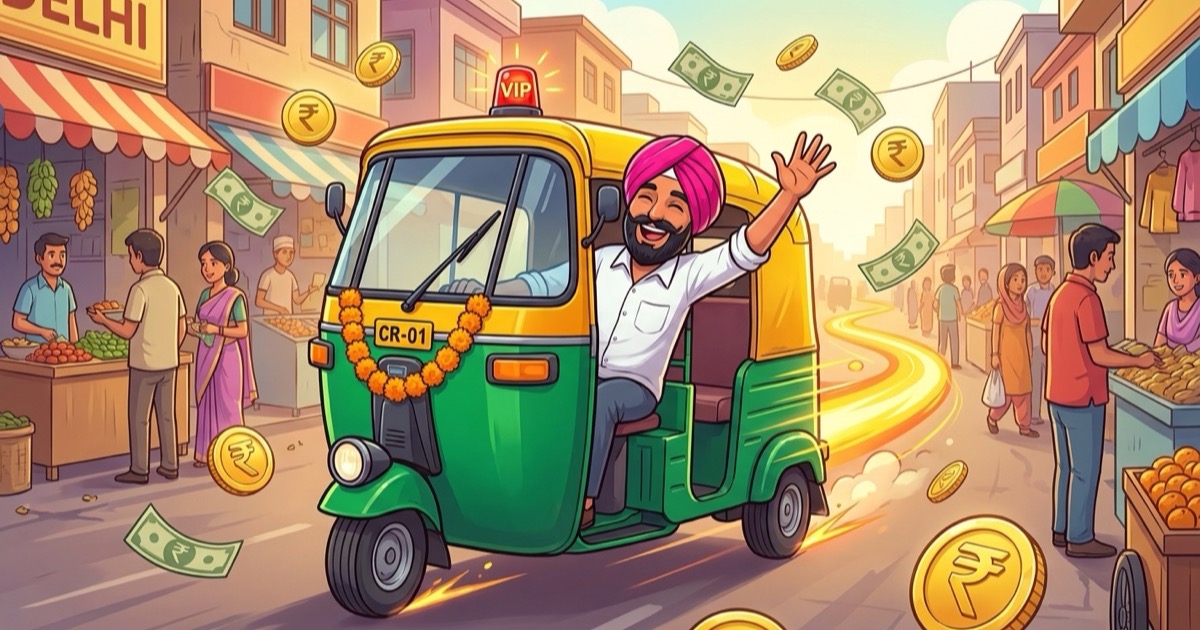 Chal Rickshaw's turbaned Sikh driver waving from his green-and-yellow auto-rickshaw as golden rupee coins and banknotes swirl around him in a colorful Delhi bazaar, with a VIP red beacon and a speed-boost trail