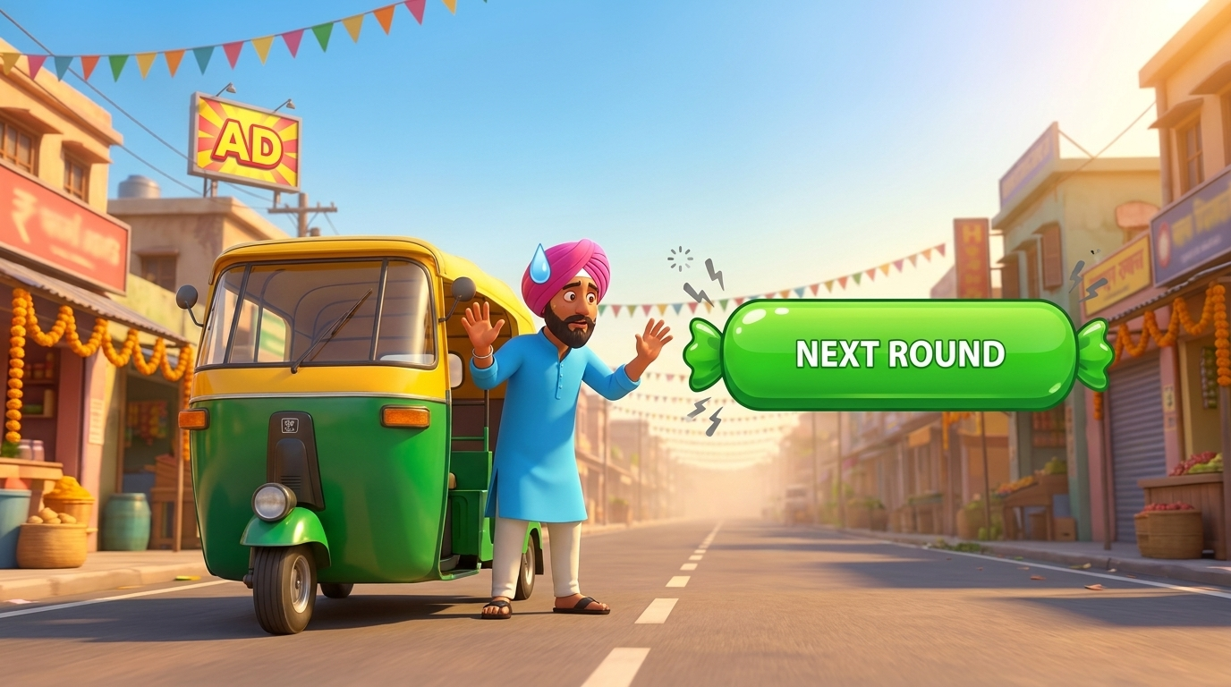 A colorful disco-ball explosion of panic around the Chal Rickshaw driver, representing the game's Next Round button breaking after a routine update