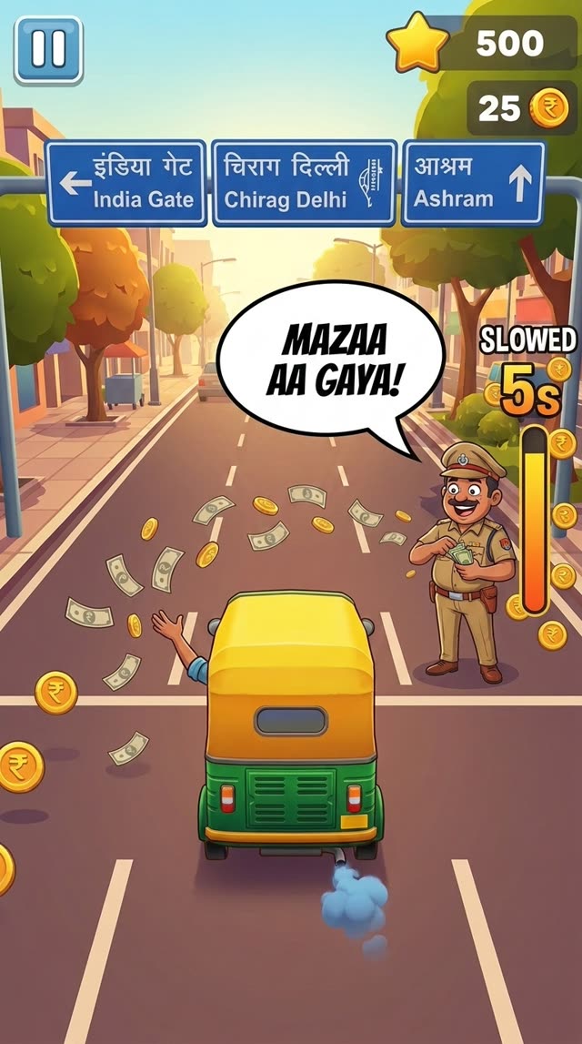 Concept art of a Delhi police constable (thulla) flagging the rickshaw down for a bribe