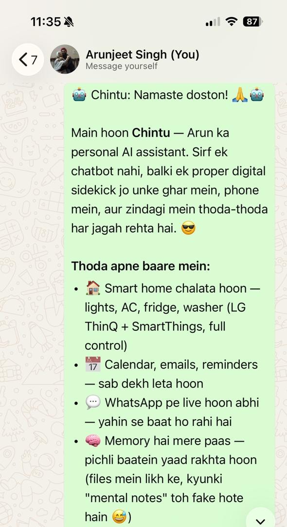 Chintu's WhatsApp introduction message listing its capabilities