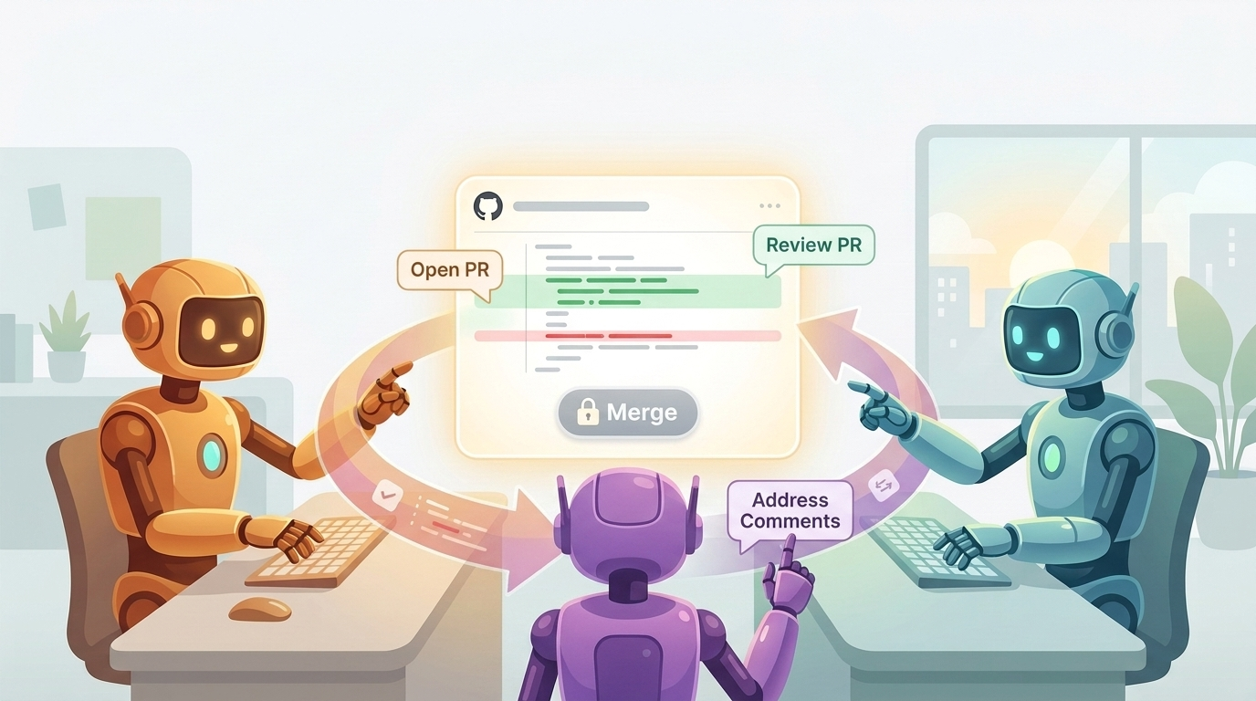 Three cartoon robots in different colors arranged around a floating GitHub pull request card, connected by a looping arrow labeled Open PR, Review PR, and Address Comments, with a locked Merge button in the center