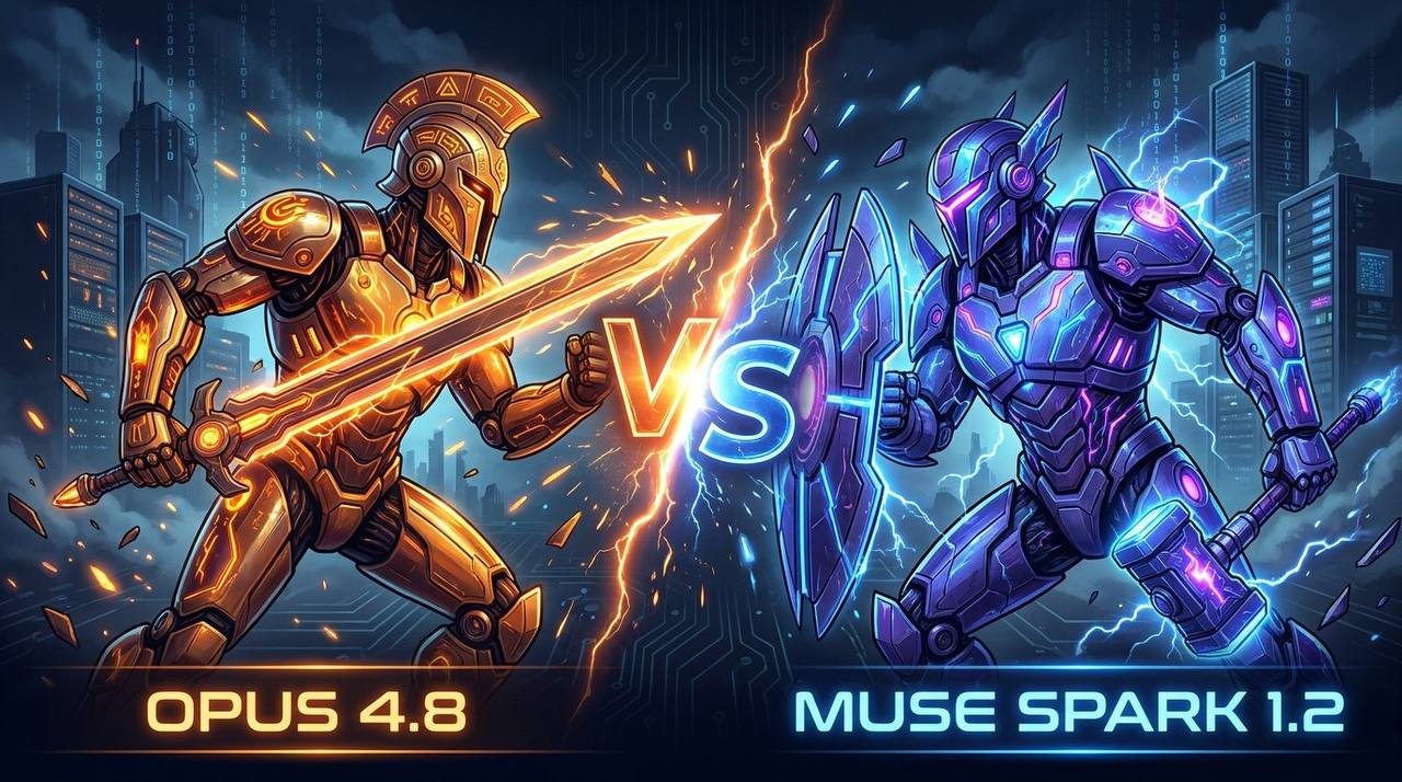 A gladiator-style face-off between two armored robots against a futuristic city skyline: a gold warrior labeled OPUS 4.8 wielding a fiery sword on the left, and a blue-and-purple warrior labeled MUSE SPARK 1.2 with a shield and hammer on the right, split by a lightning bolt and a glowing VS