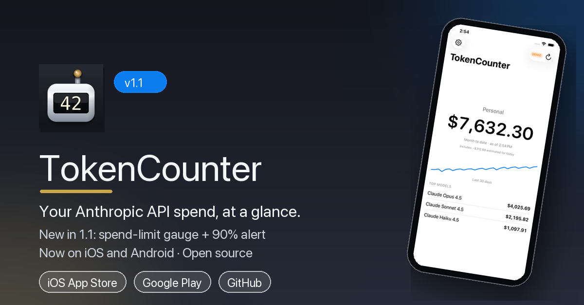 TokenCounter 1.1 — your Anthropic API spend at a glance, now on iOS and Android