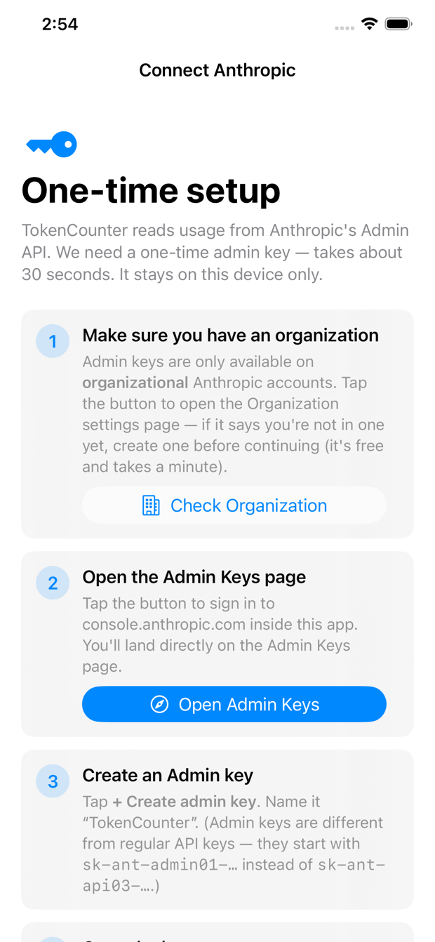 TokenCounter onboarding screen explaining the one-time Anthropic admin key setup