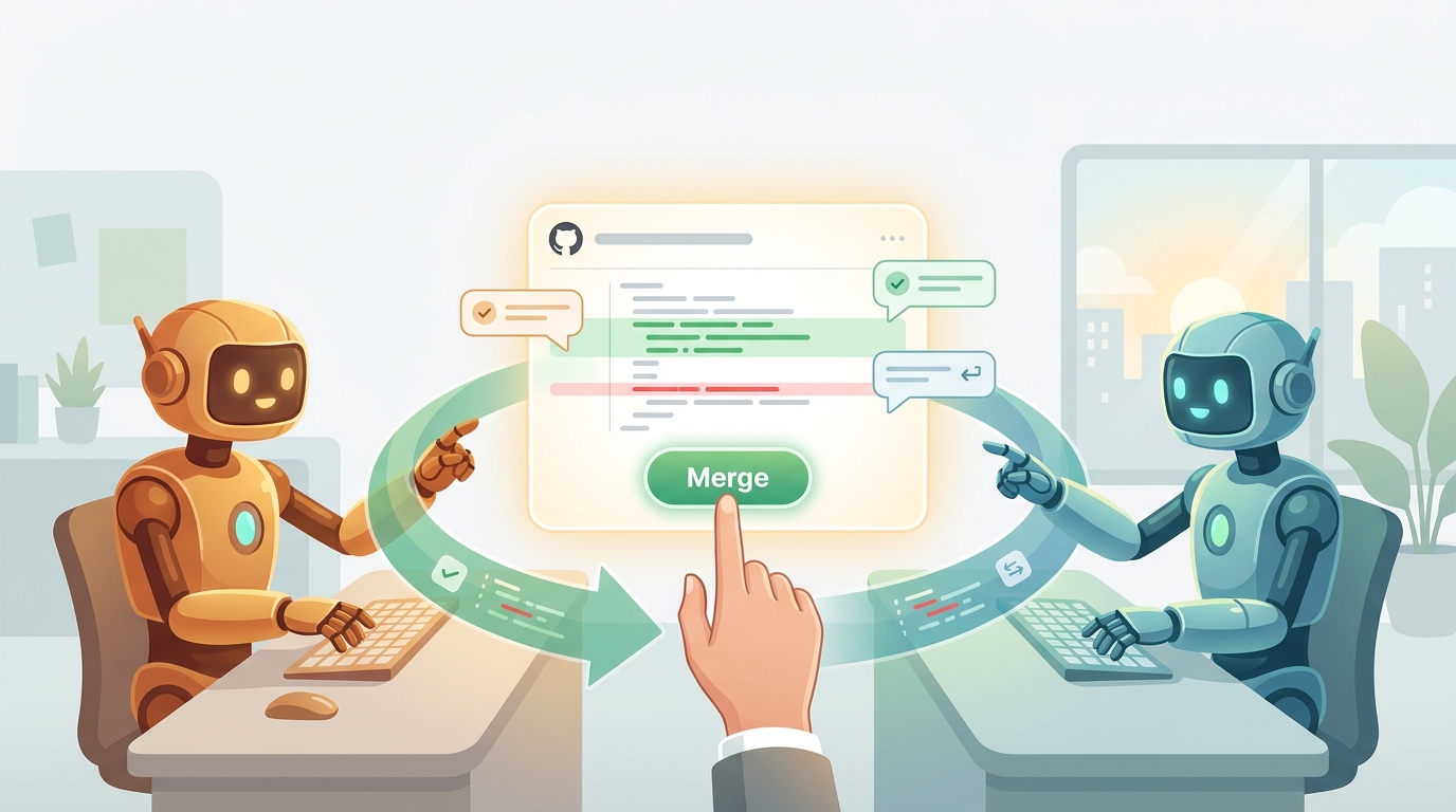 Two robot AI coders facing a shared code repository, reviewing each other's pull request in a loop, with a human hand on the merge button